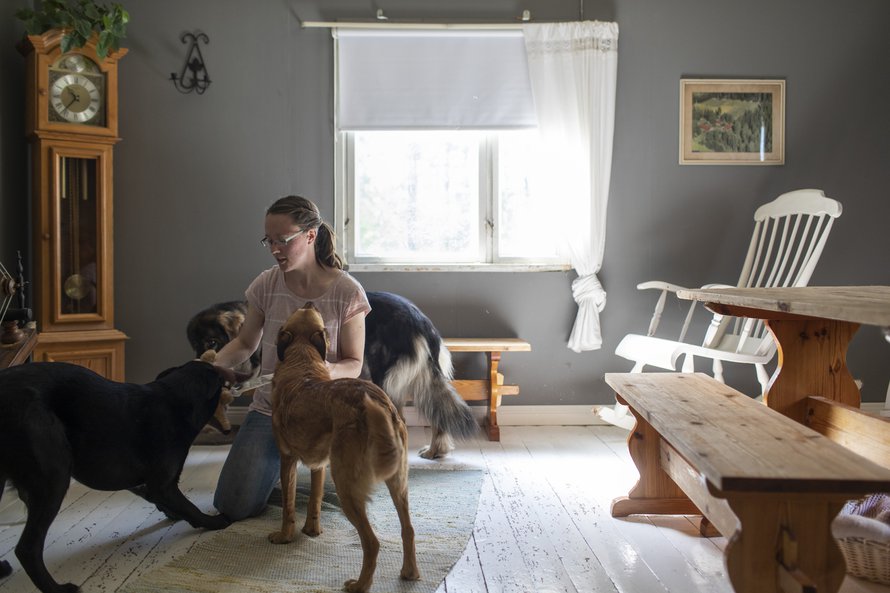 Tämä on kuva Anne-Marin olohuoneesta. Kalustus oli valmiina, kun Anne-Mari osti pientilansa. Hän on siihen tyytyväinen. ”Mitä Palokankaalta ei löydy, sitä ei tarvita.”