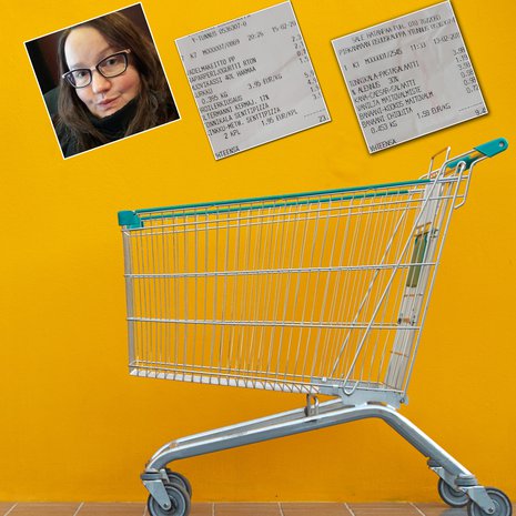 Esimerkkiviikolla Sannalla meni ruokaostoksiin 221,51 euroa. Kuvat: Sanna Rajamäki ja Shutterstock