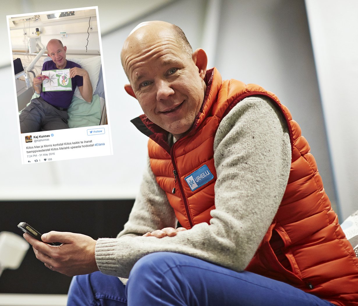 Kaj Kunnas sai aivoinfarktin viime viikon tiistaina. Kuvat: Sanoma-arkisto/Mikko Hannula ja Kaj Kunnaksen Twitter
