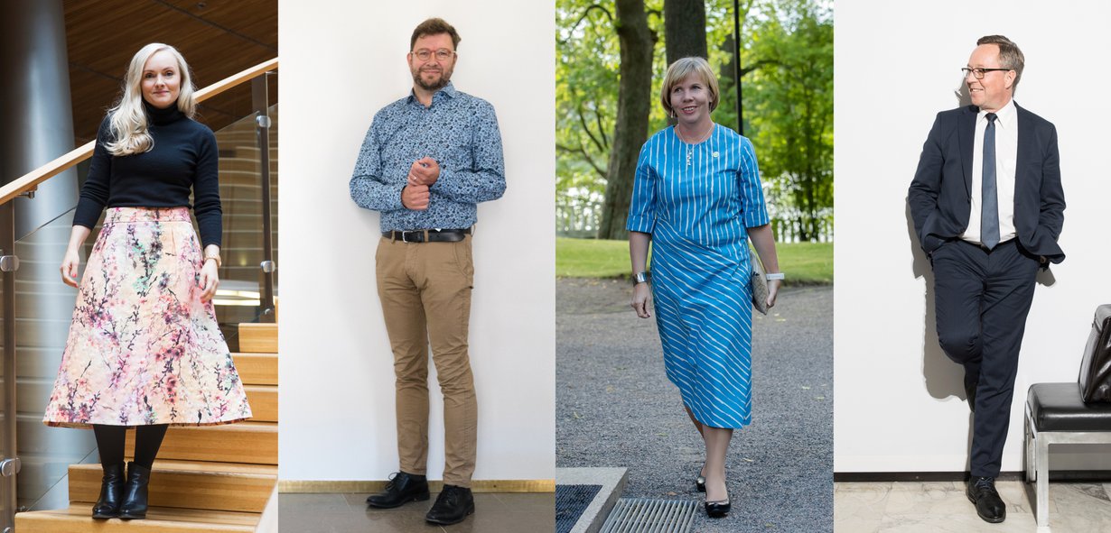 Ministerit Maria Ohisalo, Timo Harakka, Anna-Maja Henriksson ja Mika Lintilä työasuissaan.