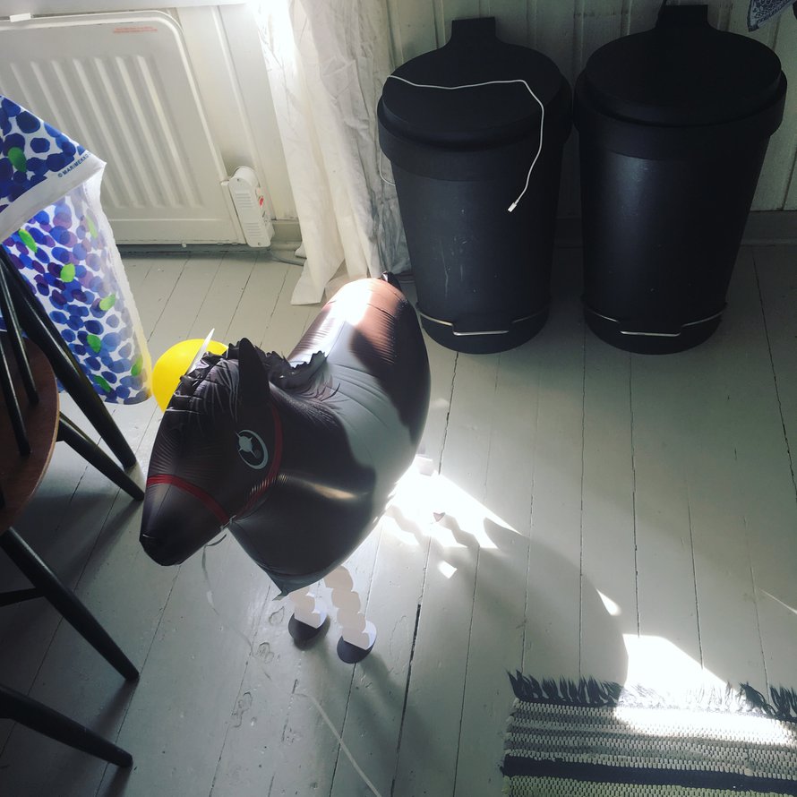 Minne vain katseen kääntää, huomio kiinnittyy taustalla lymyävään johtokerään. Ja kyllä, vappupallot ovat vieläkin hengissä!