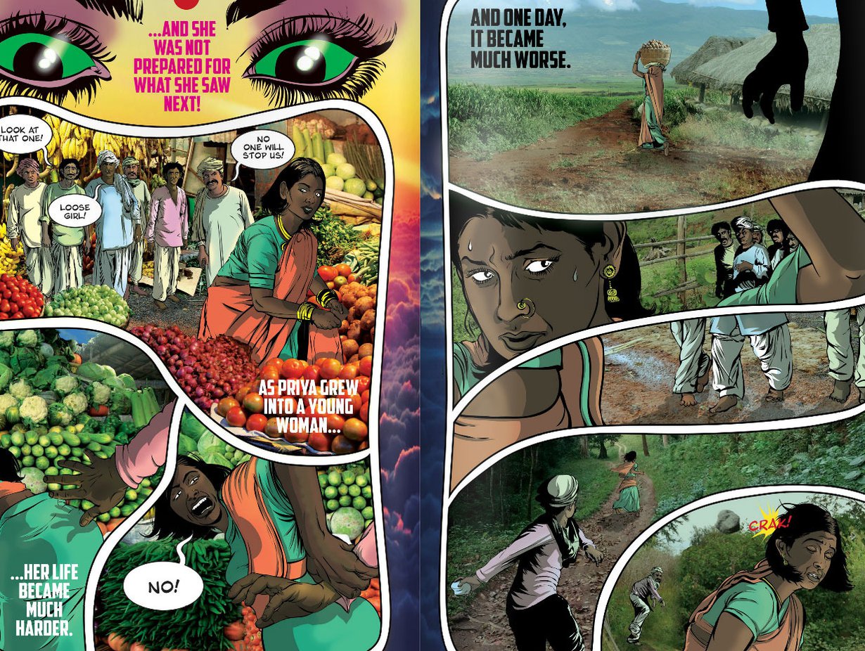 Priya’s Shakti -sarjakuvan ilmaisen digiversion voi ladata itselleen osoitteessa priyashakti.com. Kuvakaappaus sarjakuvasta.