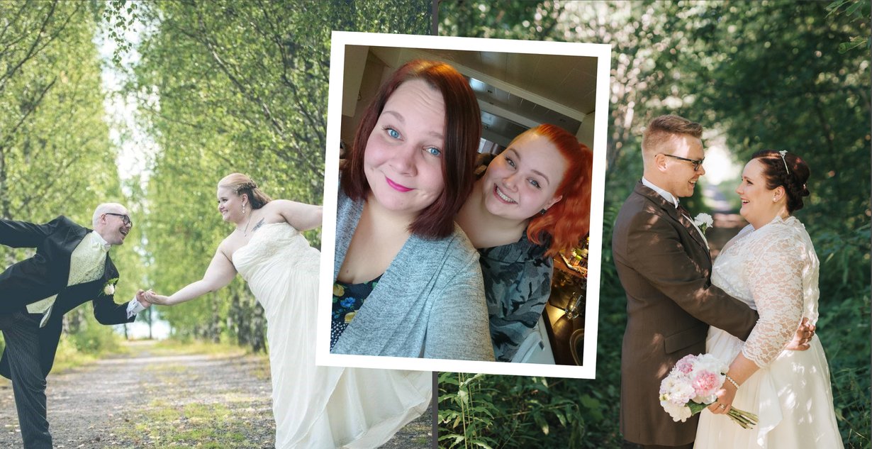 Laura ja Helena ovat menneet naimisiin samassa hääpuvussa, mutta sittemmin on löytynyt enemmänkin yhteistä: ”Meillä on samanlaiset elämänarvot”. Hääkuvat: Tero Leskinen (vas) ja Ville Kotimäki, muut kuvat: Helena Saikkosen kotialbumi