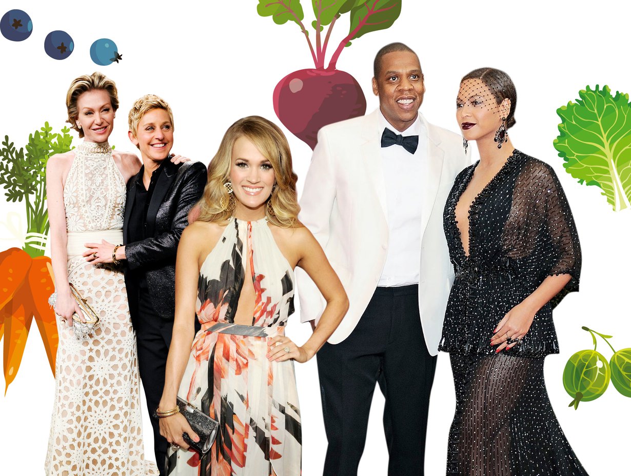 Talk show -emäntä Ellen DeGeneres sekä hänen vaimonsa Portia de Rossi ovat vegaaneita, kuten myös laulaja Carrie Underwood sekä muusikkopariskunta Beyoncé ja Jay-Z. Kuvat: MVphotos, Shutterstock
