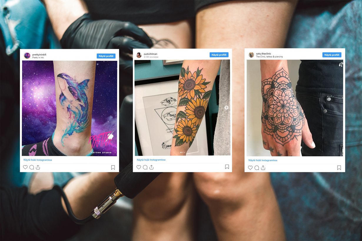 Suomalaiset innostuvat nyt vesiväri-, kukka- ja mandalatatuoinneista. Tatuointien tekijät vasemmalta oikealle: Niina Nyqvist / Pretty in Ink, Outi Vihlman / Impact Tattoo, Satu Virkkunen Carvalho / The Clinic.