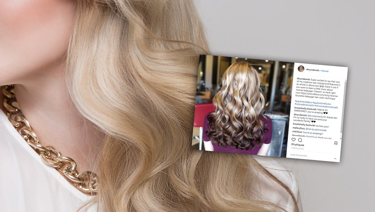 Käänteinen balayage tuo vaaleisiin hiuksiin uutta ilmettä. Kuva: Colourbox ja Instagram